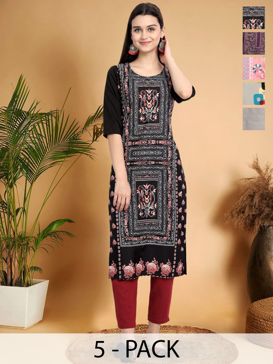 

7Threads Selection Of 5 Floral Printed Round Neck Straight Kurtas, Black