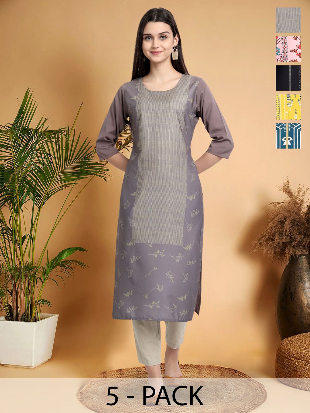

7Threads Selection Of 5 Floral Printed Round Neck Straight Kurtas, Grey