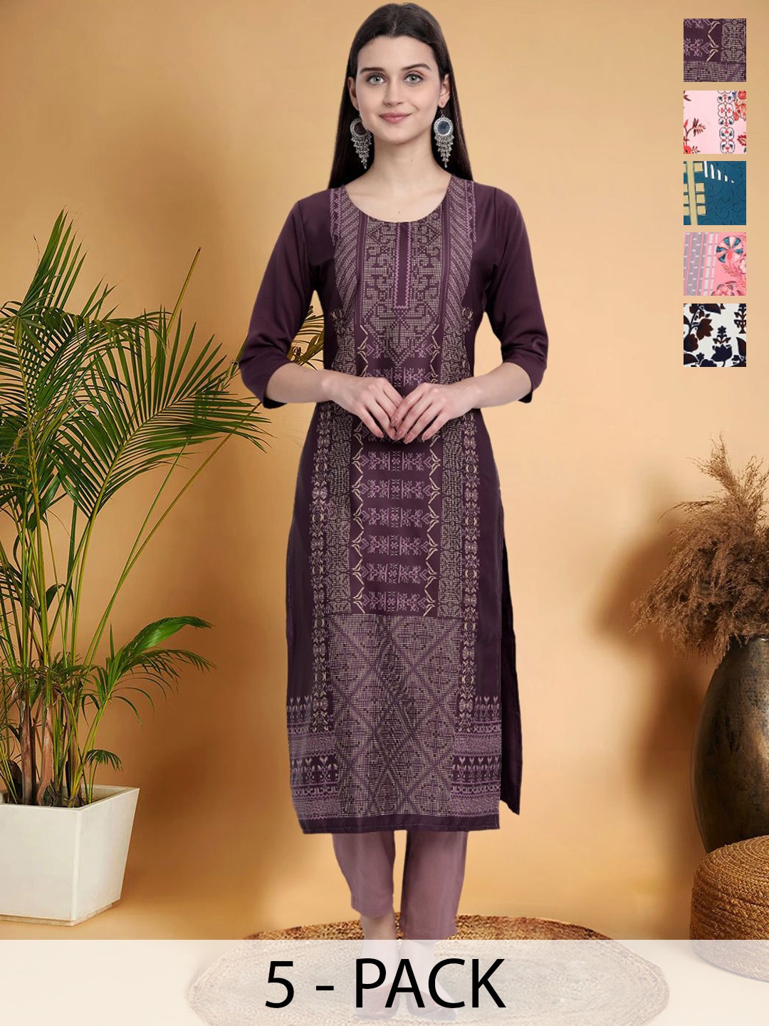 

7Threads Selection Of 5 Geometric Printed Round Neck Straight Kurtas, Burgundy