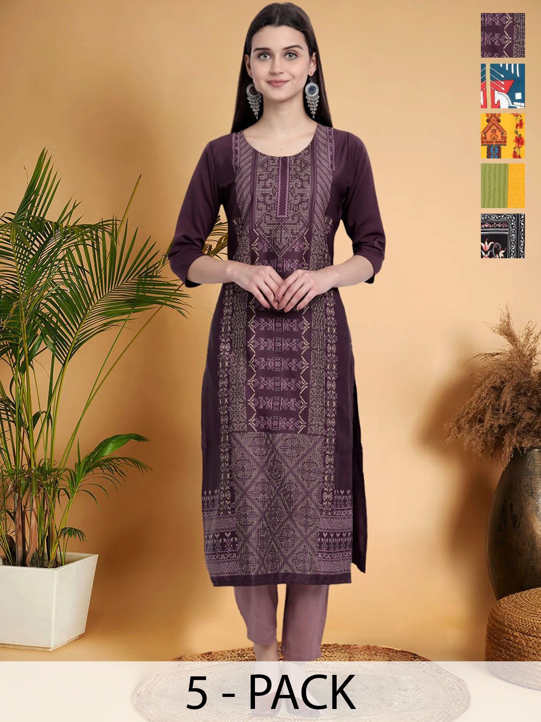 

7Threads Selection Of 5 Geometric Printed Round Neck Straight Kurtas, Burgundy