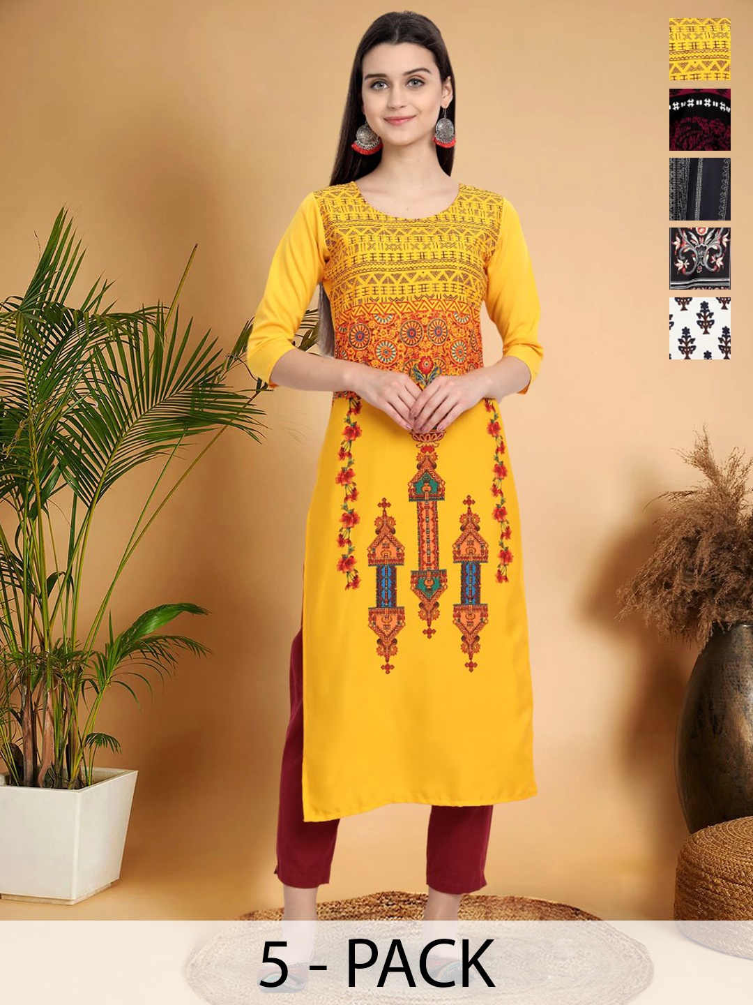 

7Threads Selection Of 5 Ethnic Motifs Printed Round Neck Straight Kurtas, Yellow