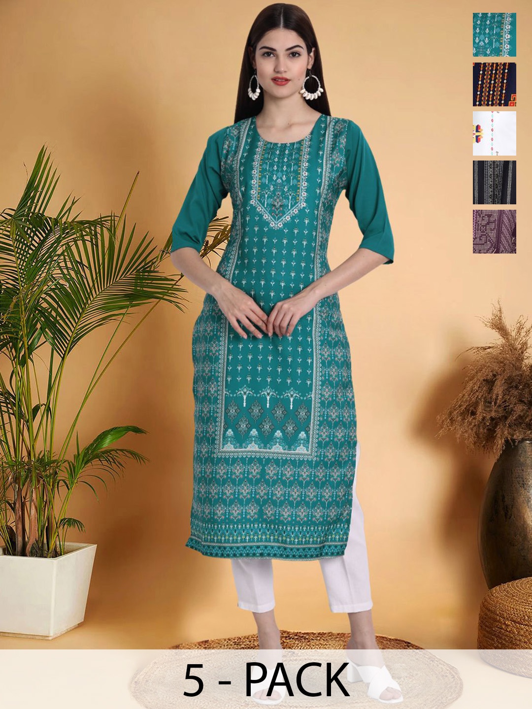 

7Threads Selection Of 5 Ethnic Motifs Printed Round Neck Straight Kurtas, Green
