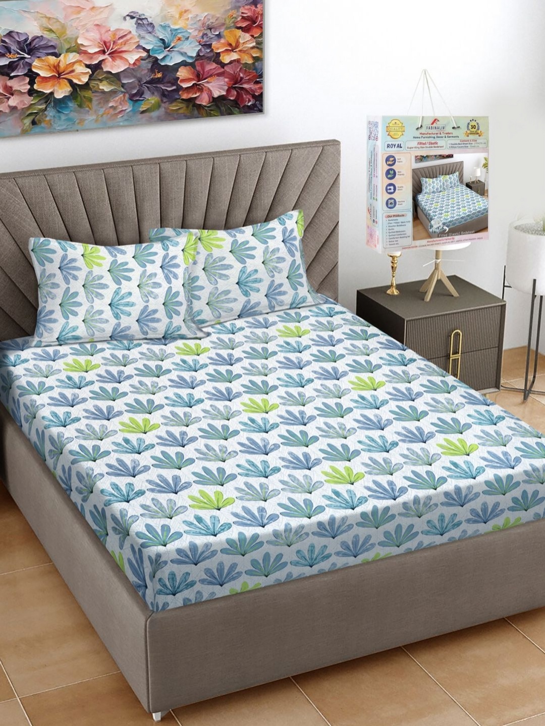 

FABINALIV White & Green Floral Printed 300 TC Fitted King Bedsheet Set 2.7 m x 2.7 m