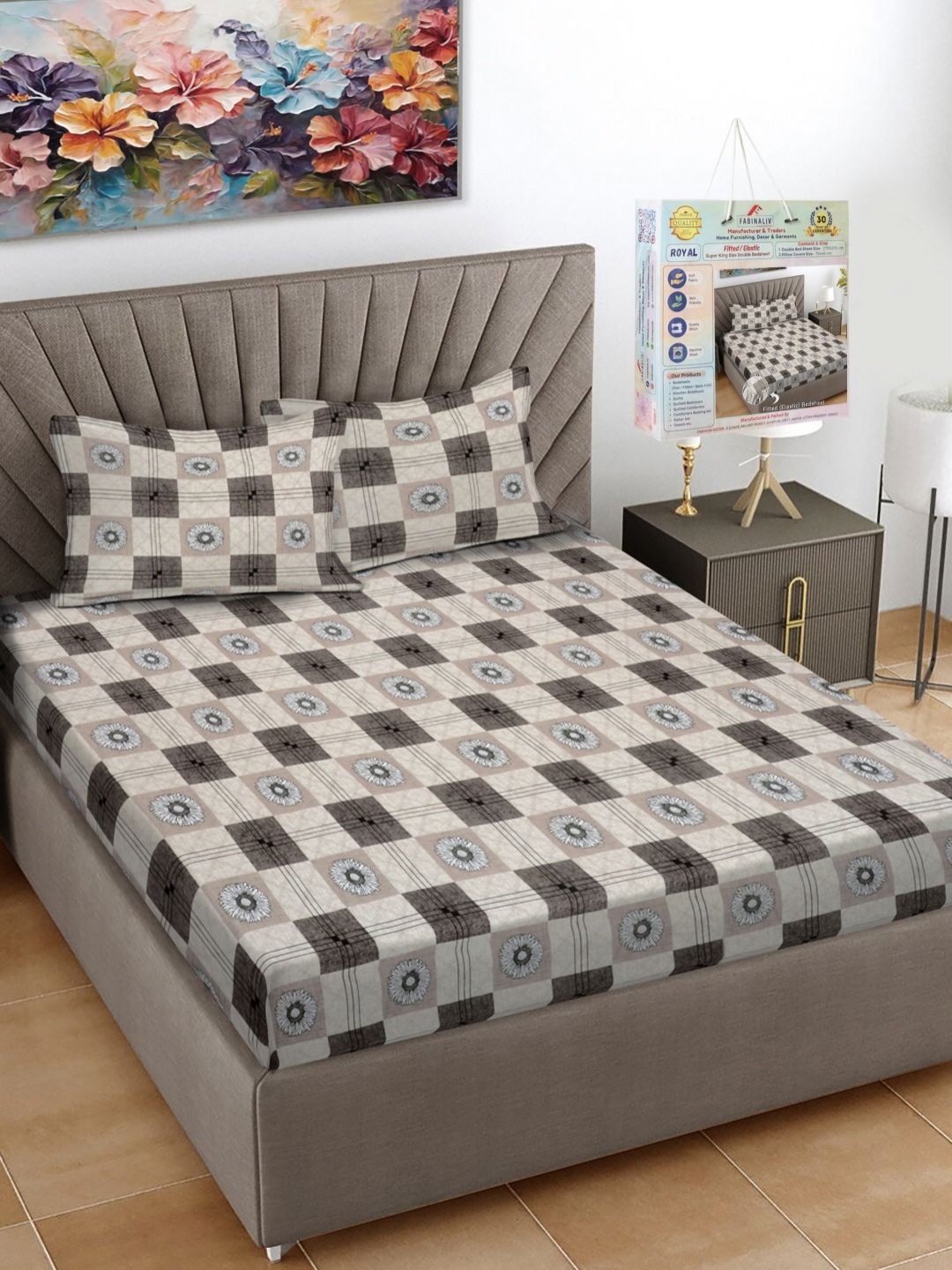 

FABINALIV Off White Floral Printed 300 TC Fitted King Bedsheet Set 2.7 m x 2.7 m