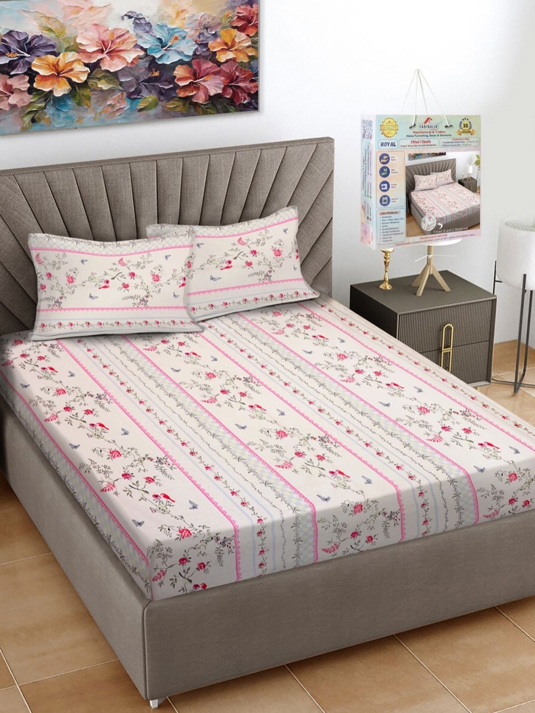 

FABINALIV Pink & Green Floral Printed 300 TC Fitted King Bedsheet Set 2.7 m x 2.7 m, White