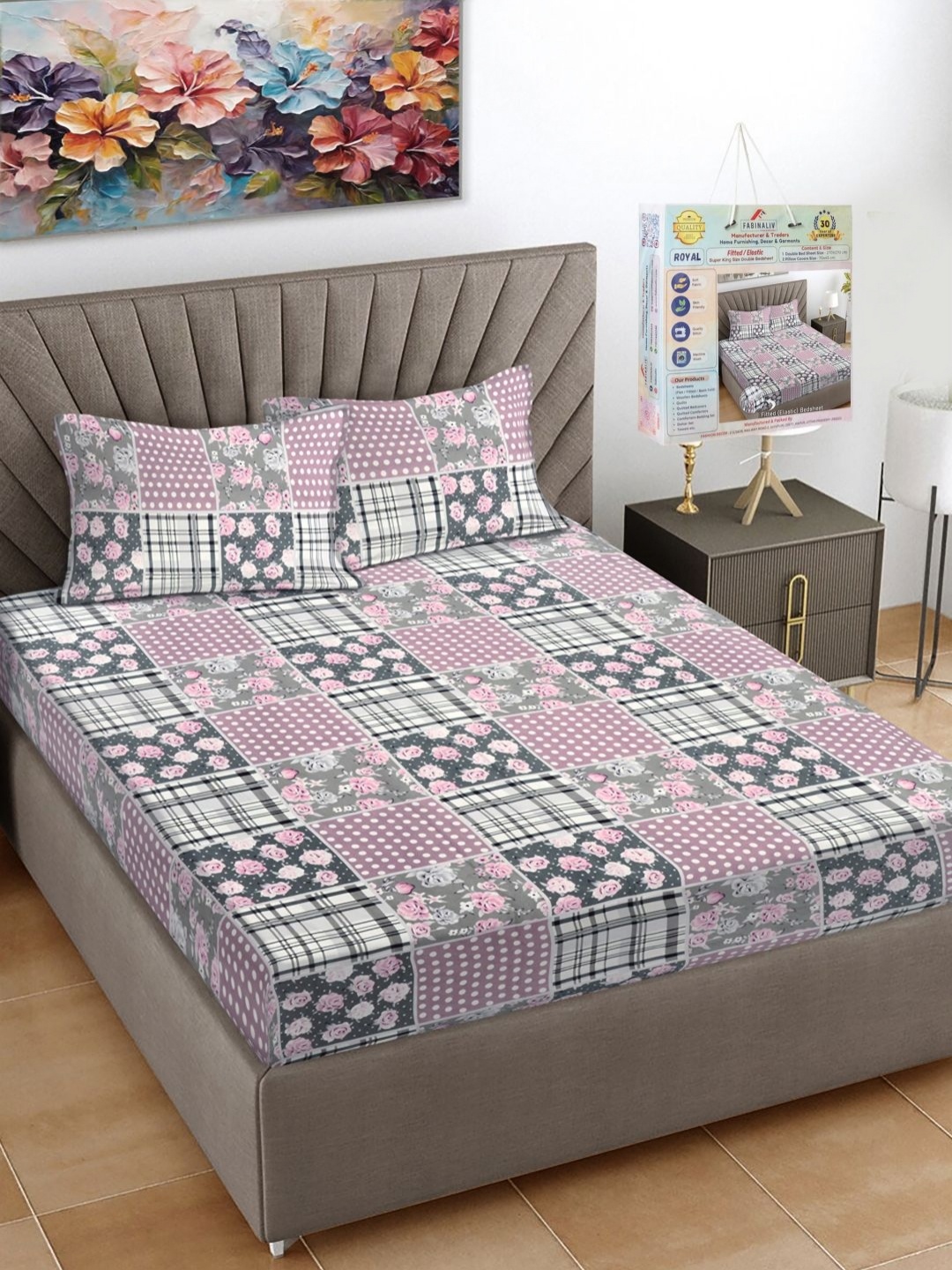 

FABINALIV Pink & Green Floral Printed 300 TC Fitted King Bedsheet Set 2.7 m x 2.7 m