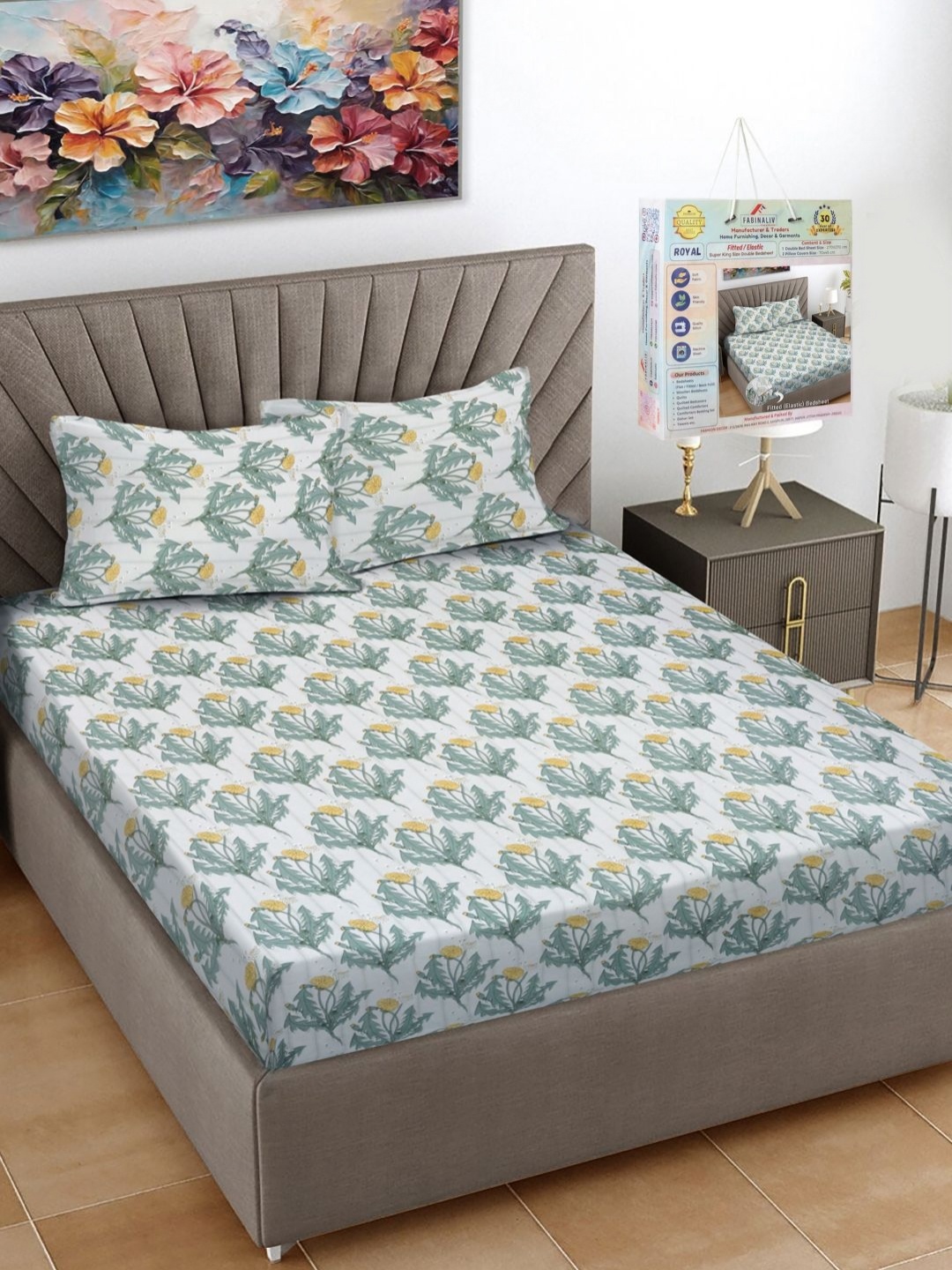 

FABINALIV White & Green Floral Printed 300 TC Fitted King Bedsheet Set 2.7 m x 2.7 m