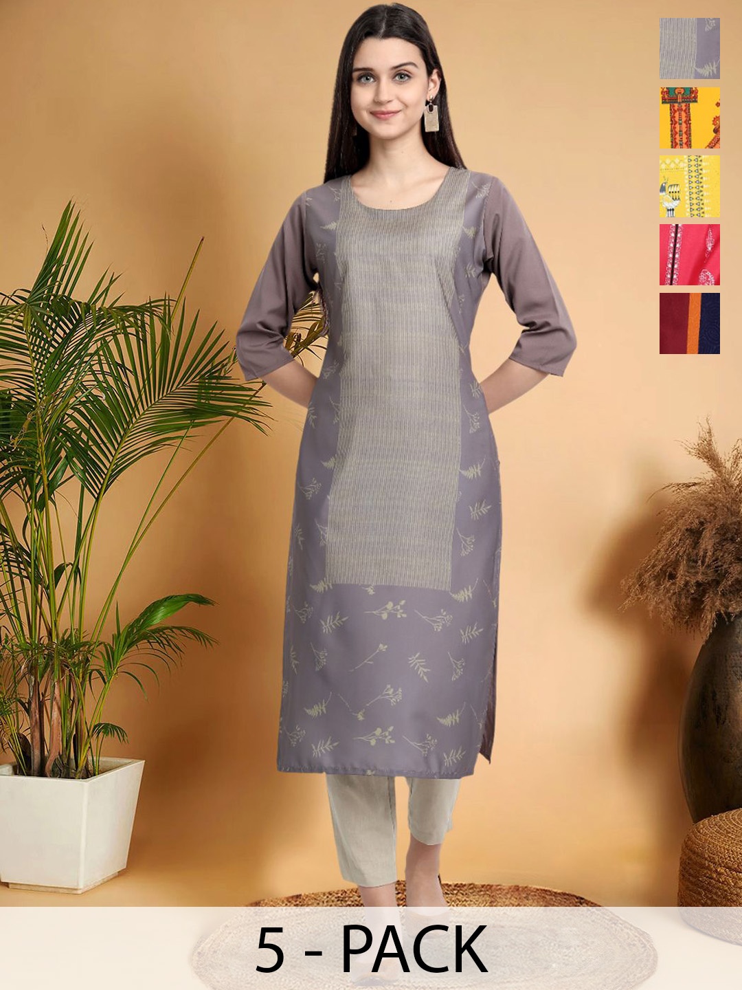 

7Threads Selection Of 5 Floral Printed Round Neck Straight Kurtas, Grey