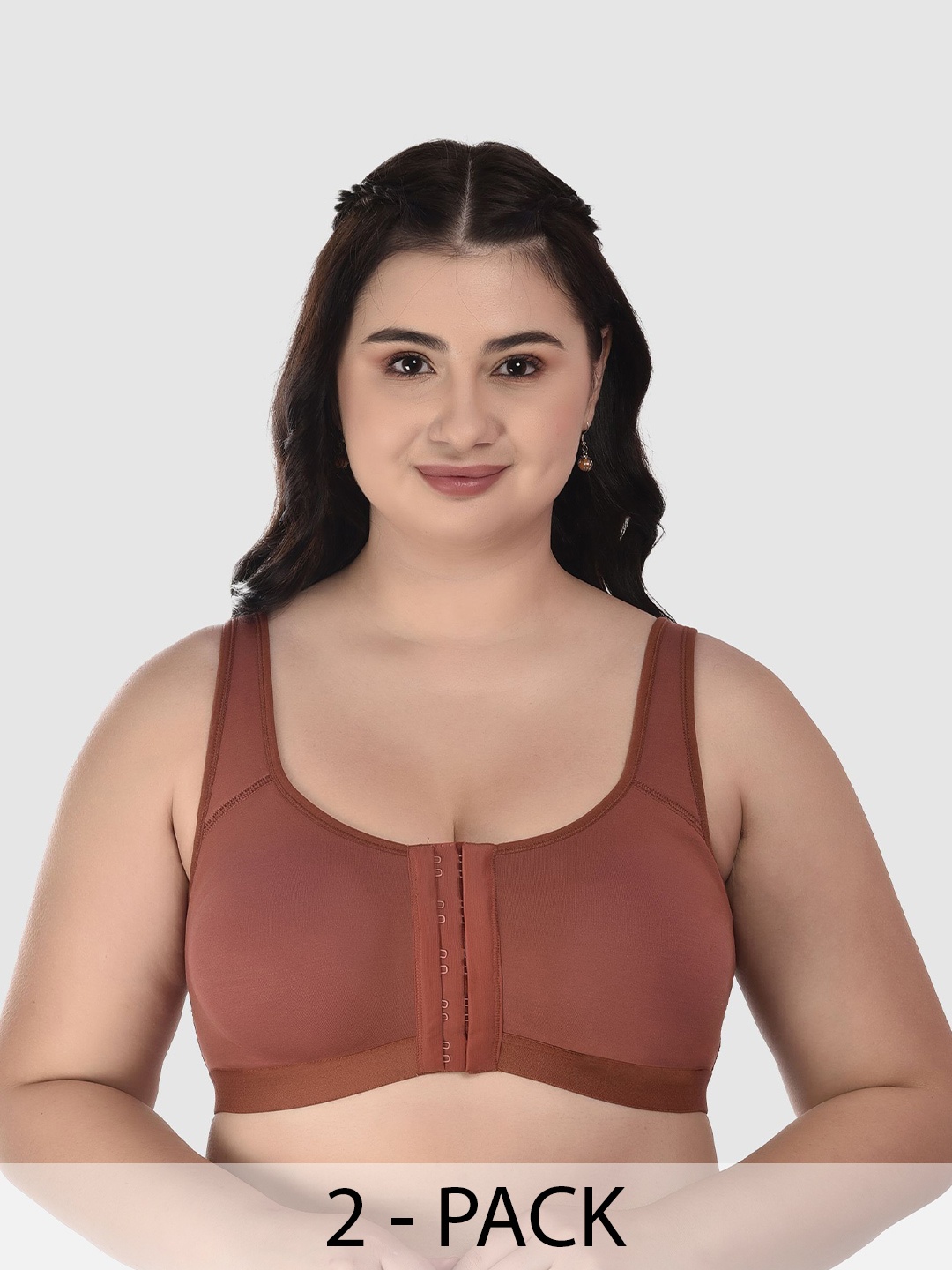 

DressBerry Pack of 2 Cotton Full Coverage Front Closure Minimizer Bra, Copper