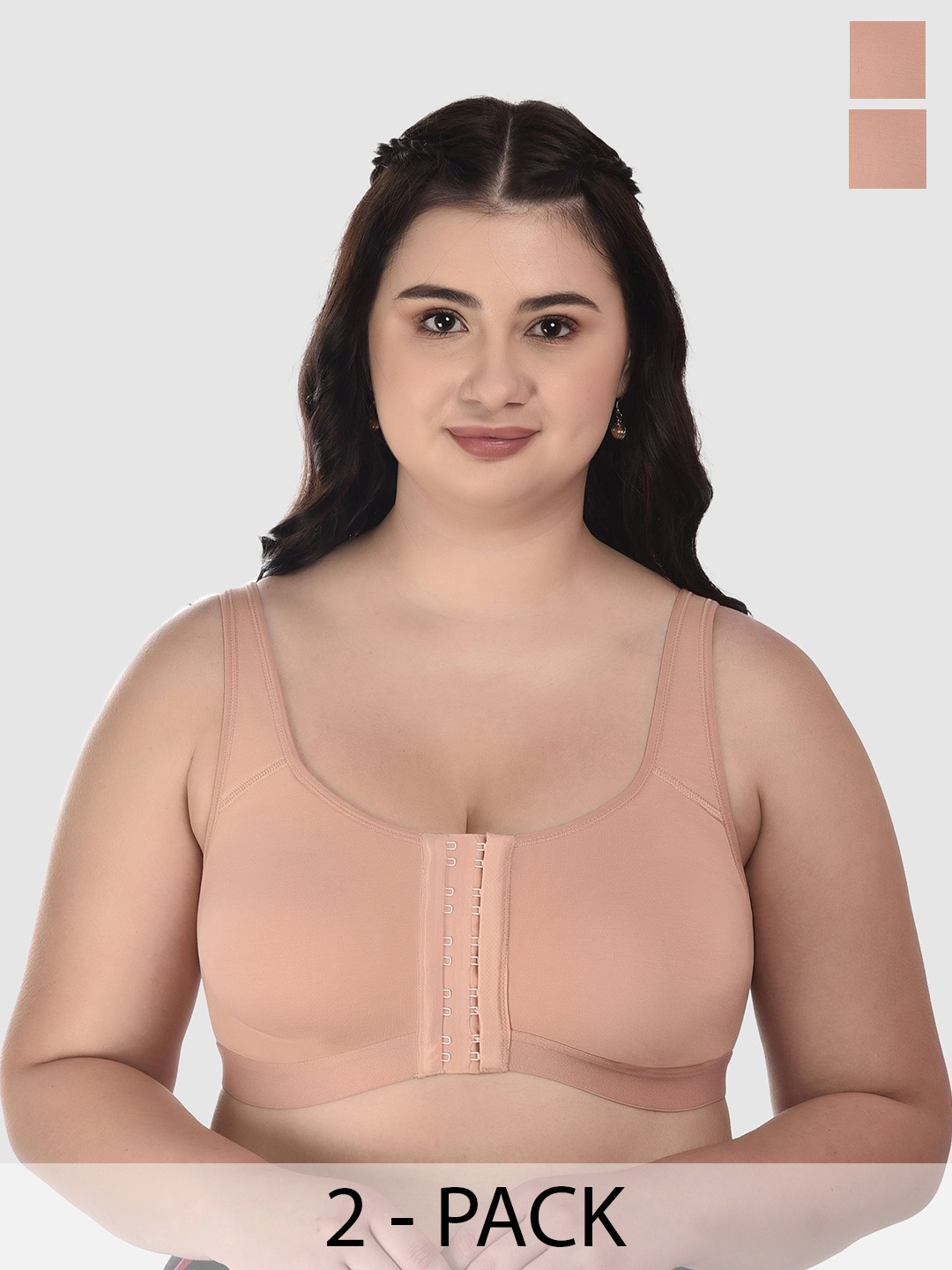 

DressBerry Pack of 2 Cotton Full Coverage Front Closure Minimizer Bra, Nude