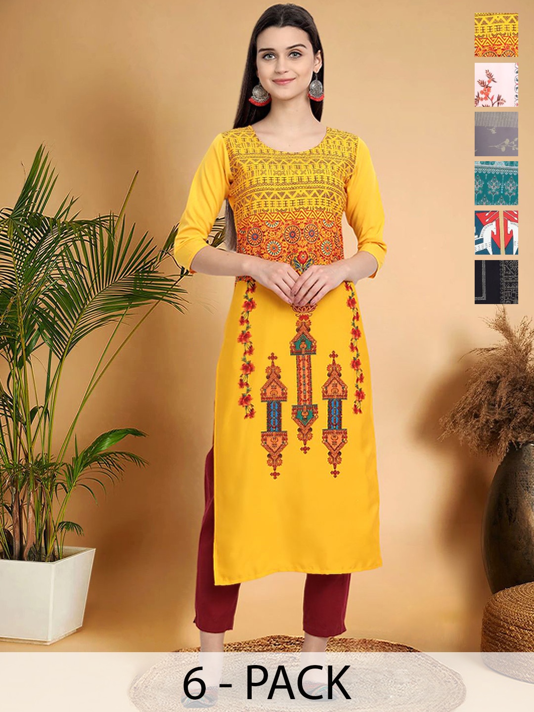 

7Threads Selection Of 5 Ethnic Motifs Printed Round Neck Straight Kurtas, Yellow