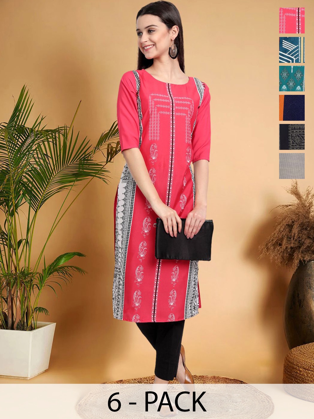 

7Threads Selection Of 6 Floral Printed Round Neck Straight Kurtas, Pink