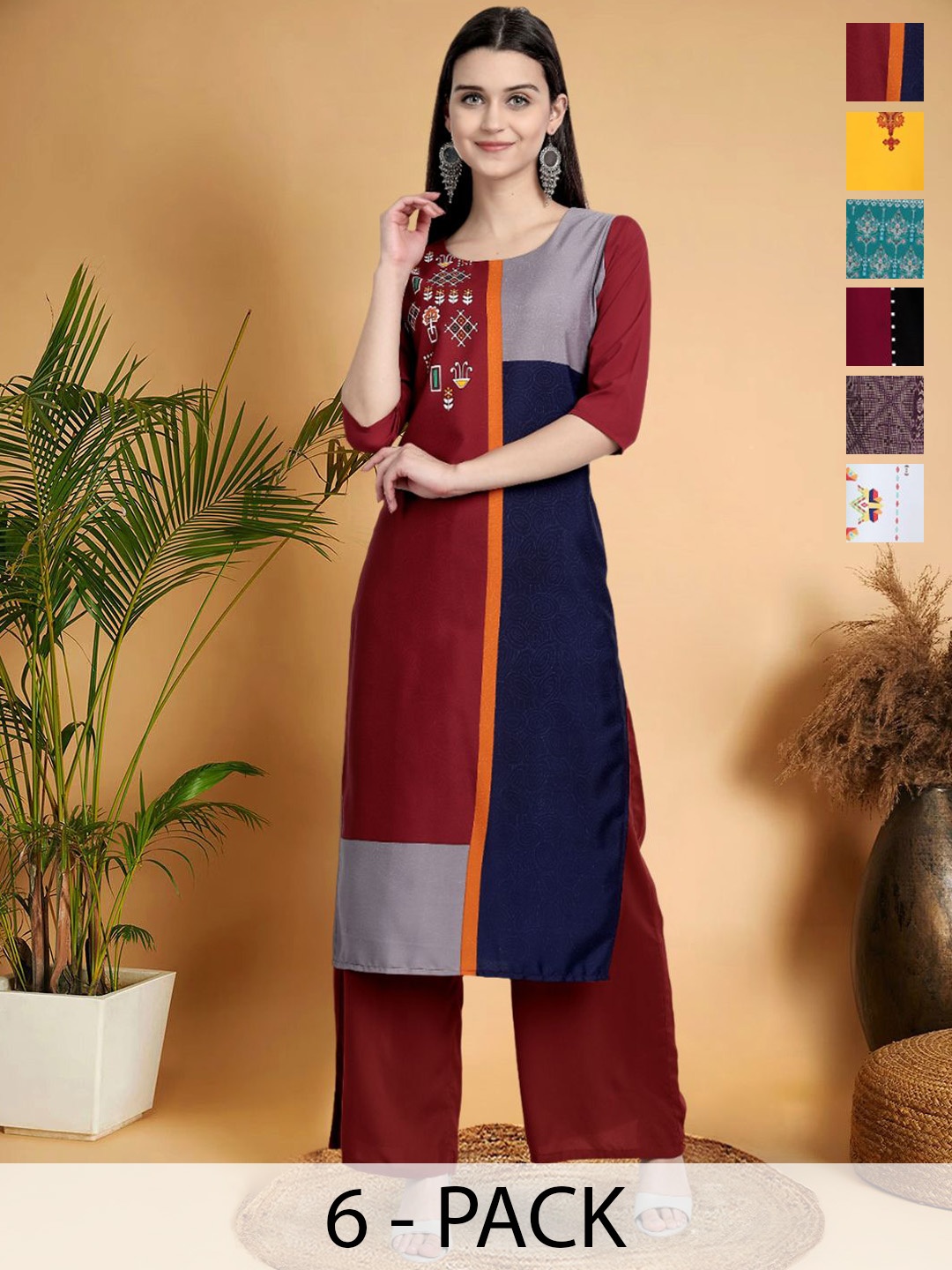 

7Threads Selection Of 6 Colourblocked Round Neck Straight Kurtas, Maroon