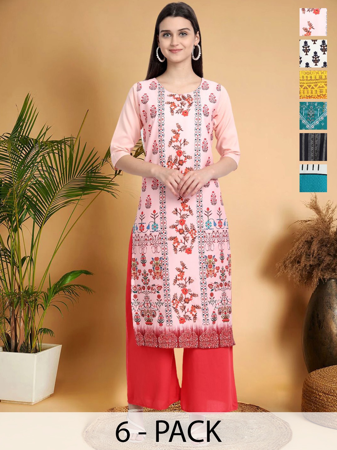 

7Threads Selection Of 6 Floral Printed Round Neck Straight Kurtas, Pink