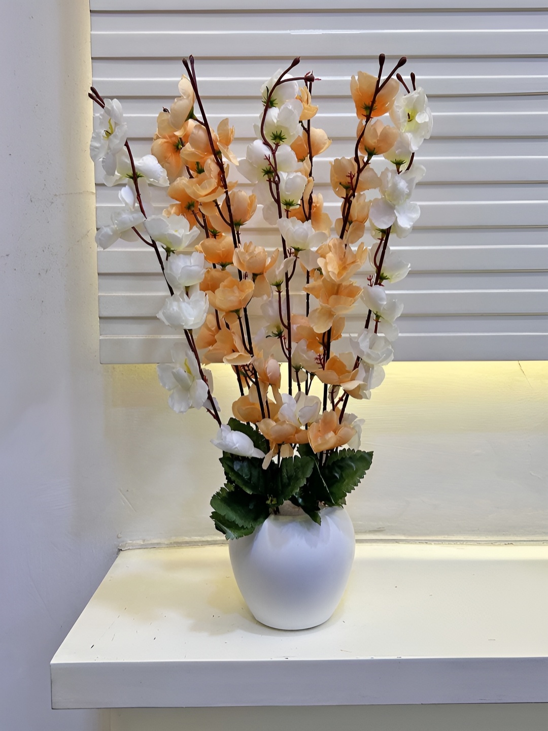 

ARTSY Cream-Coloured & Yellow Cherry Blossom Artificial Flower With Pot