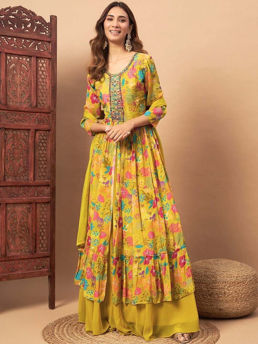 

Chhabra 555 Floral Printed Mirror Work Front Open A-Line Kurta With Skirt And Dupatta, Yellow