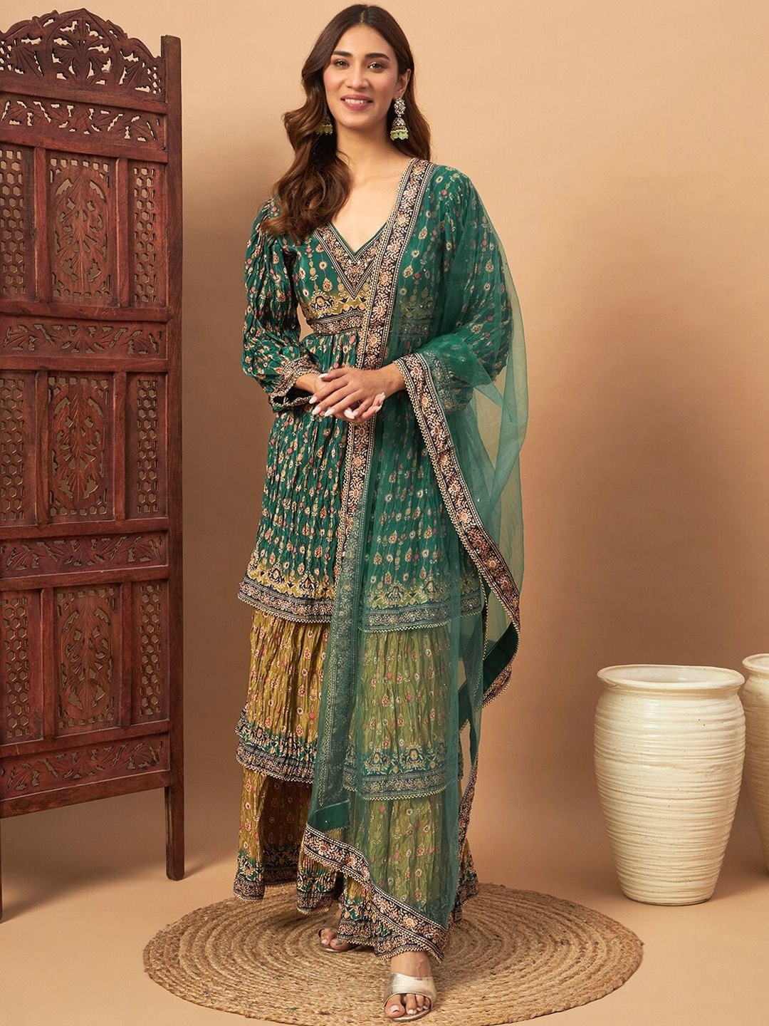 

Chhabra 555 Ethnic Motifs Printed Zari Work Design V-Neck Kurti With Sharara & Dupatta, Green