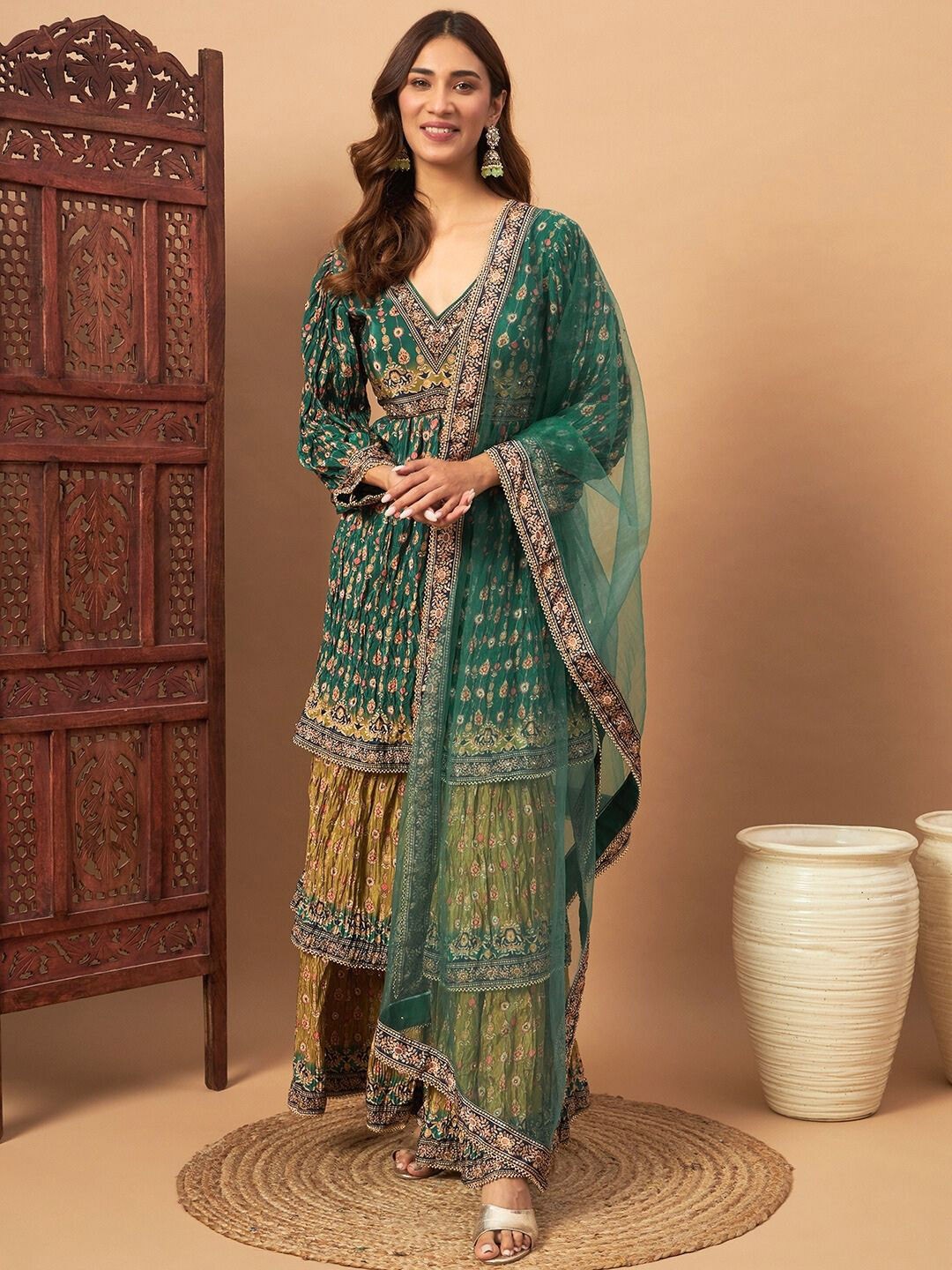 

Chhabra 555 Ethnic Motifs Printed Zari Work Design V-Neck Kurti With Sharara & Dupatta, Green