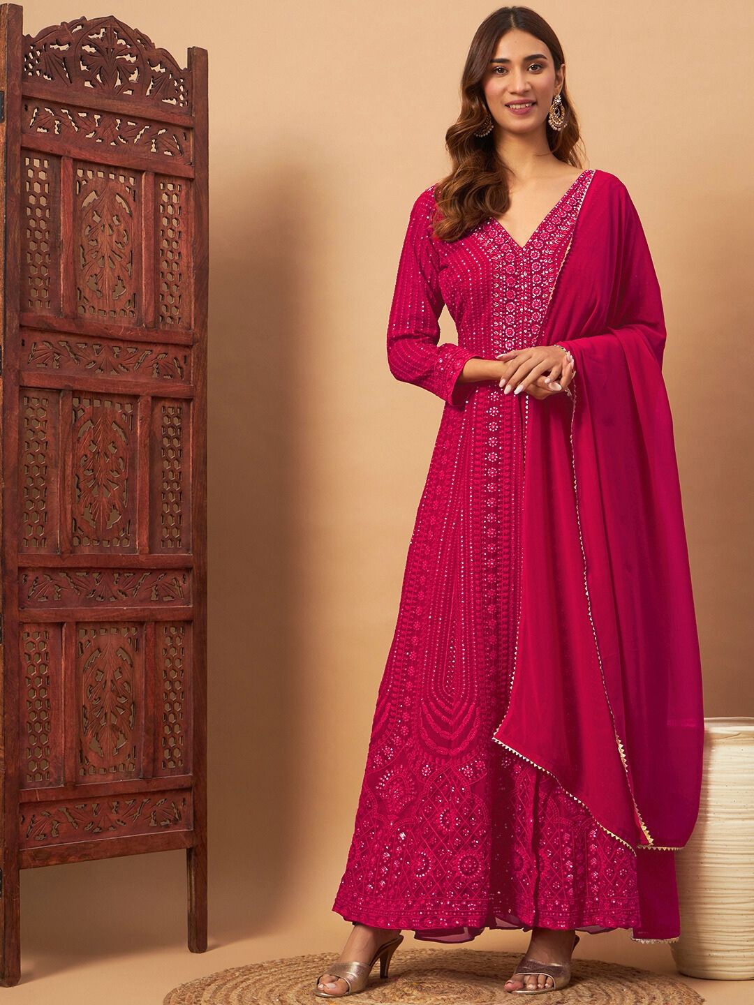 

Chhabra 555 Ethnic Motifs Embroidered Mirror Work V-Neck Kurta With Palazzos & Dupatta, Magenta