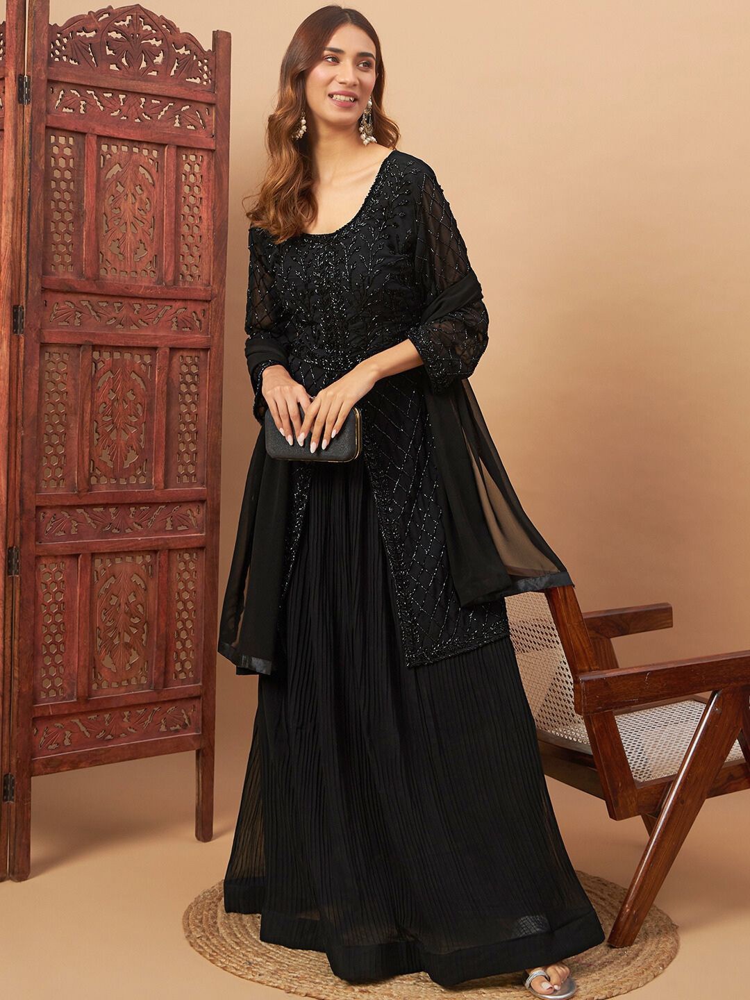 

Chhabra 555 Floral Embroidered Front Open U-Neck Straight Kurta With Skirt And Dupatta, Black