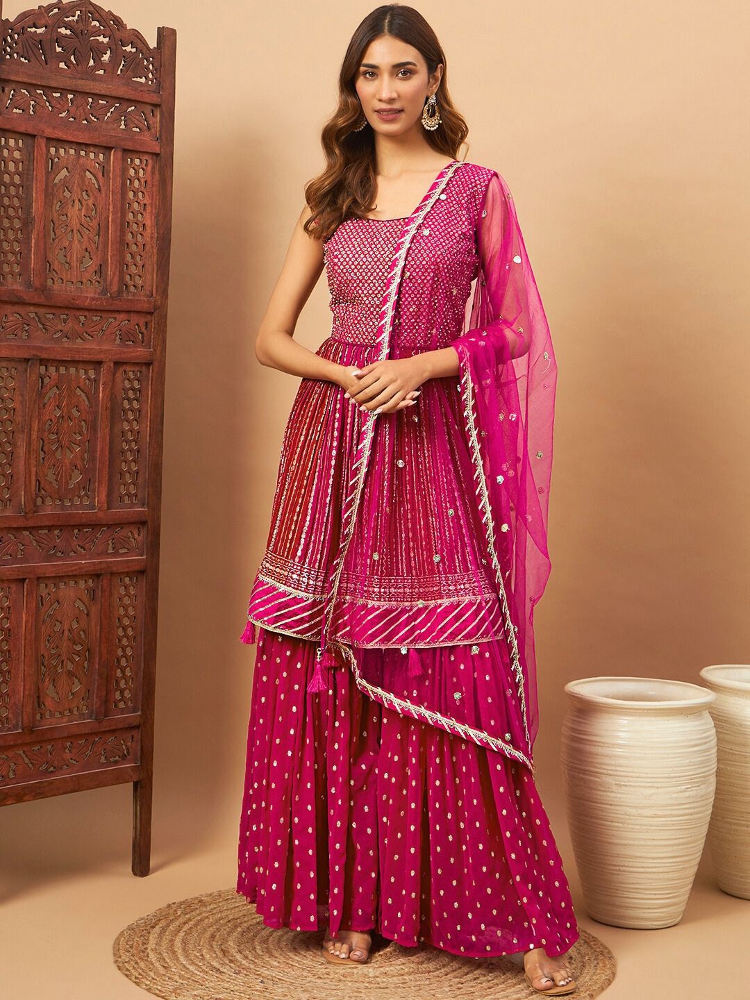 

Chhabra 555 Ethnic Motifs Embroidered Anarkali Kurta With Sharara And Dupatta, Magenta