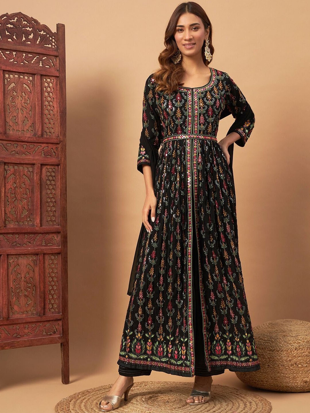 

Chhabra 555 Floral Embroidered A-Line Kurta With Trousers & Dupatta, Black
