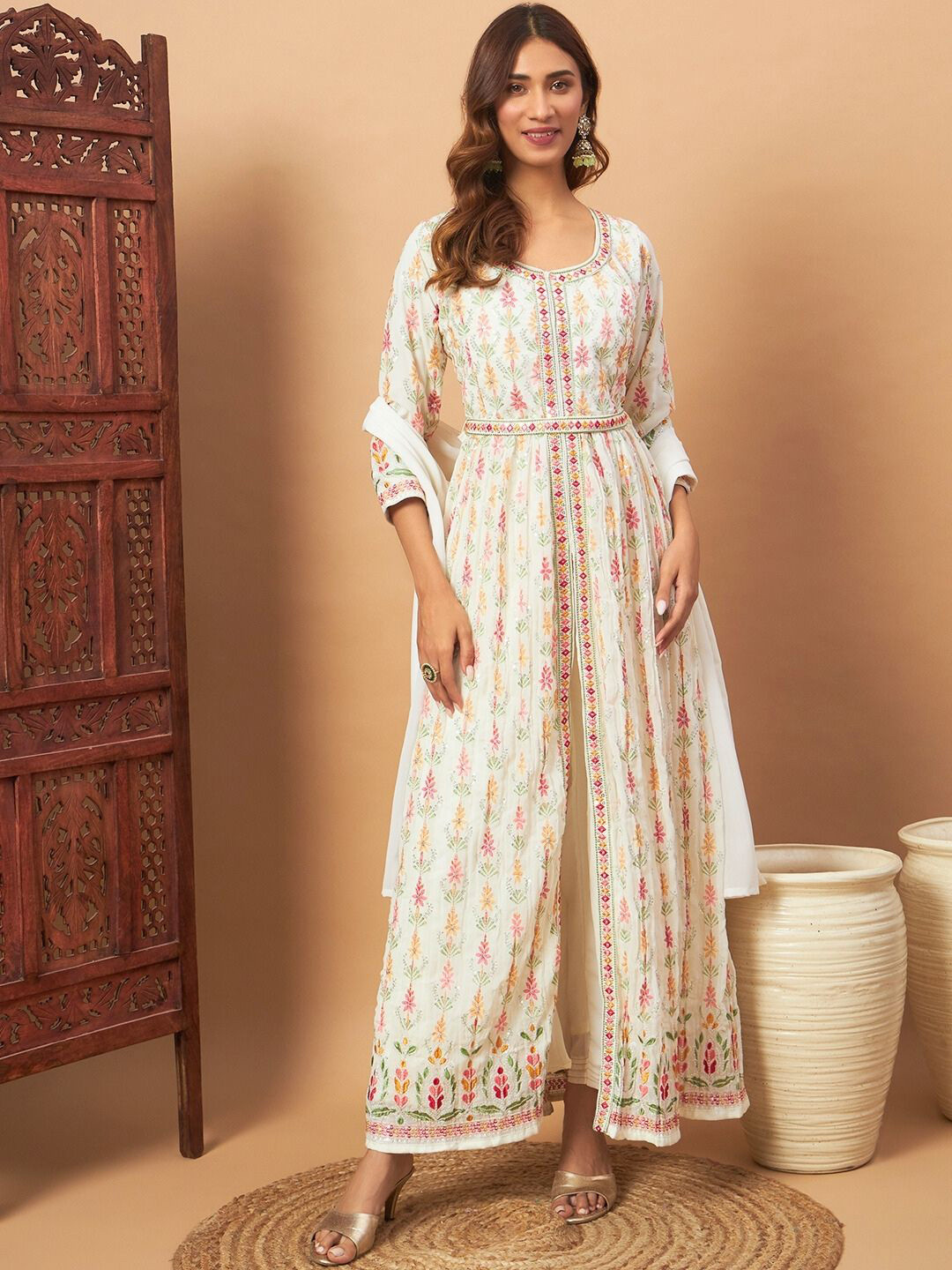 

Chhabra 555 Floral Embroidered A-Line Kurta With Trousers & Dupatta, White