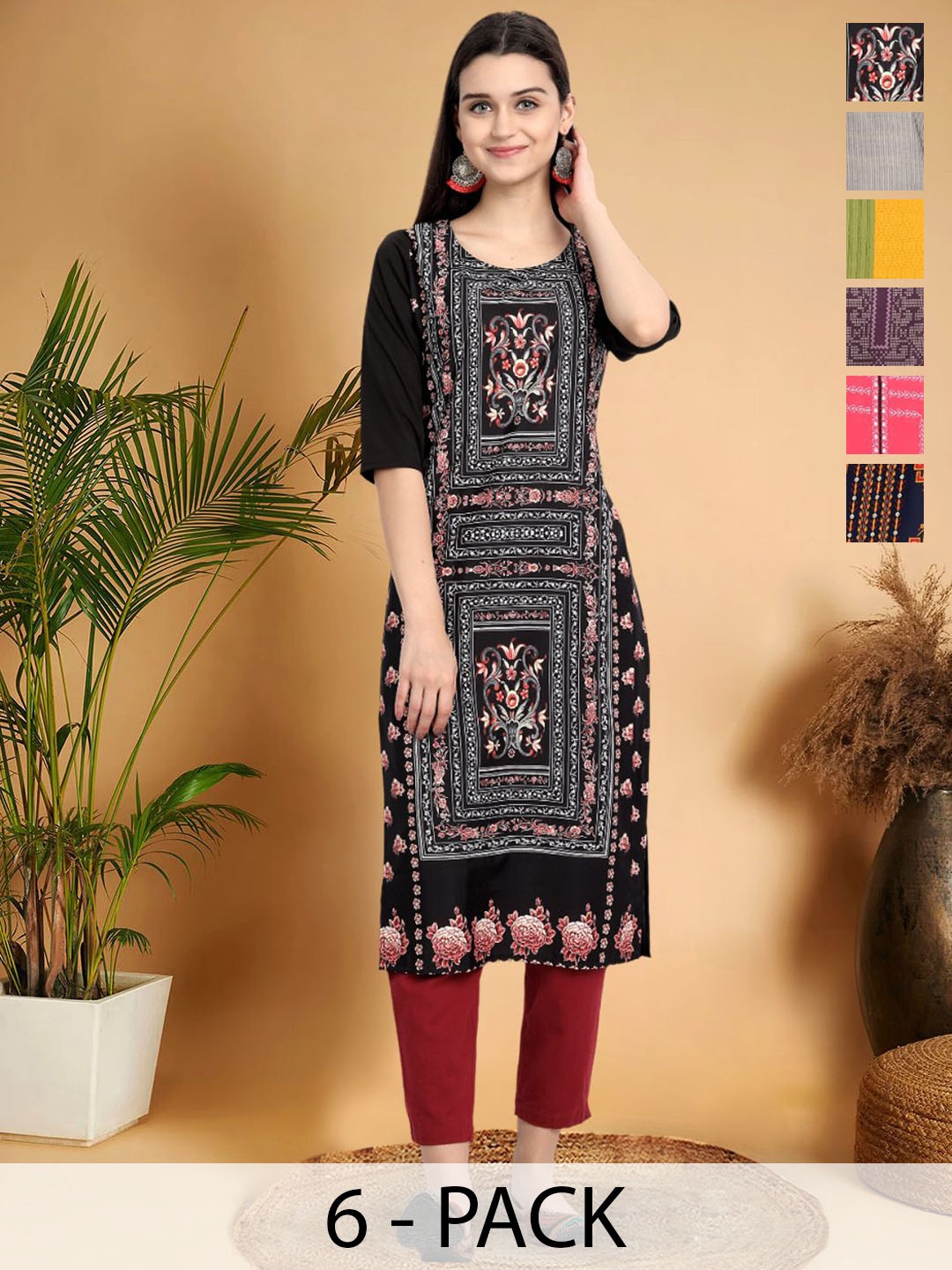 

7Threads Selection Of 6 Floral Printed Round Neck Straight Kurtas, Black
