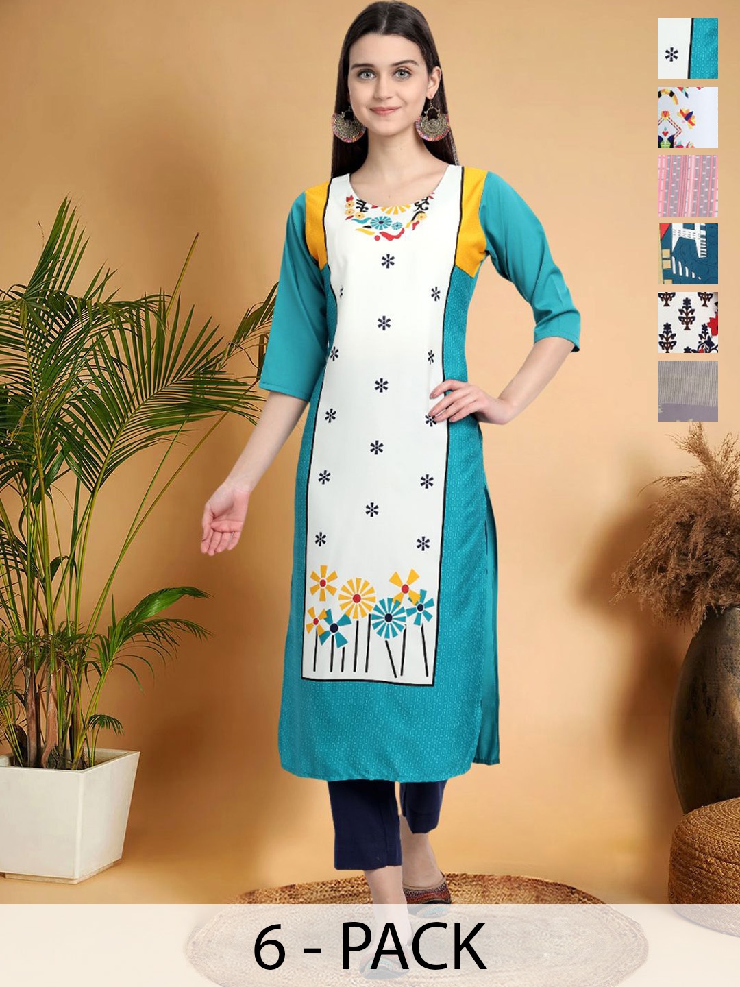 

7Threads Selection Of 6 Floral Printed Round Neck Straight Kurtas, Blue