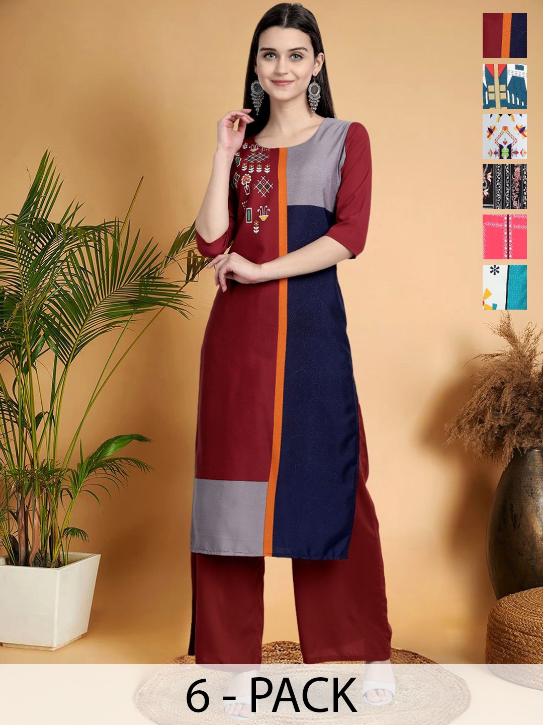 

7Threads Selection Of 6 Colourblocked Round Neck Straight Kurtas, Maroon