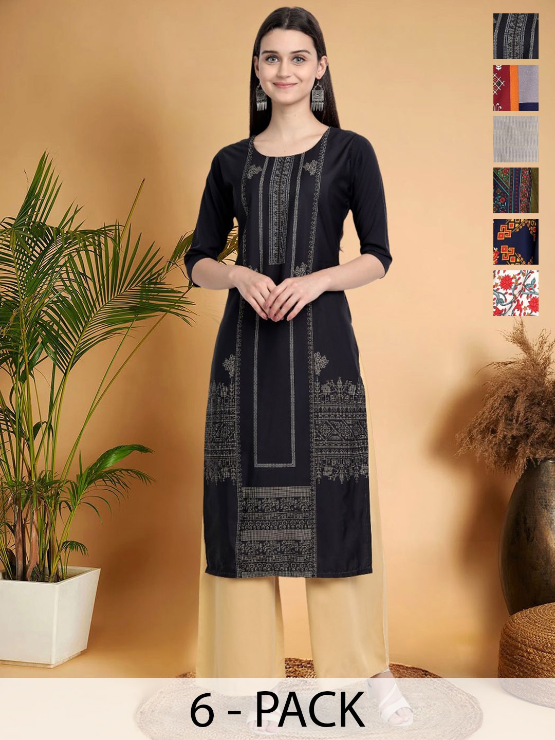 

7Threads Selection Of 6 Geometric Printed Round Neck Straight Kurtas, Black