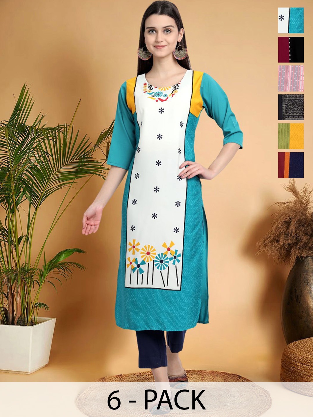 

7Threads Selection Of 6 Floral Printed Round Neck Kurtas, Blue