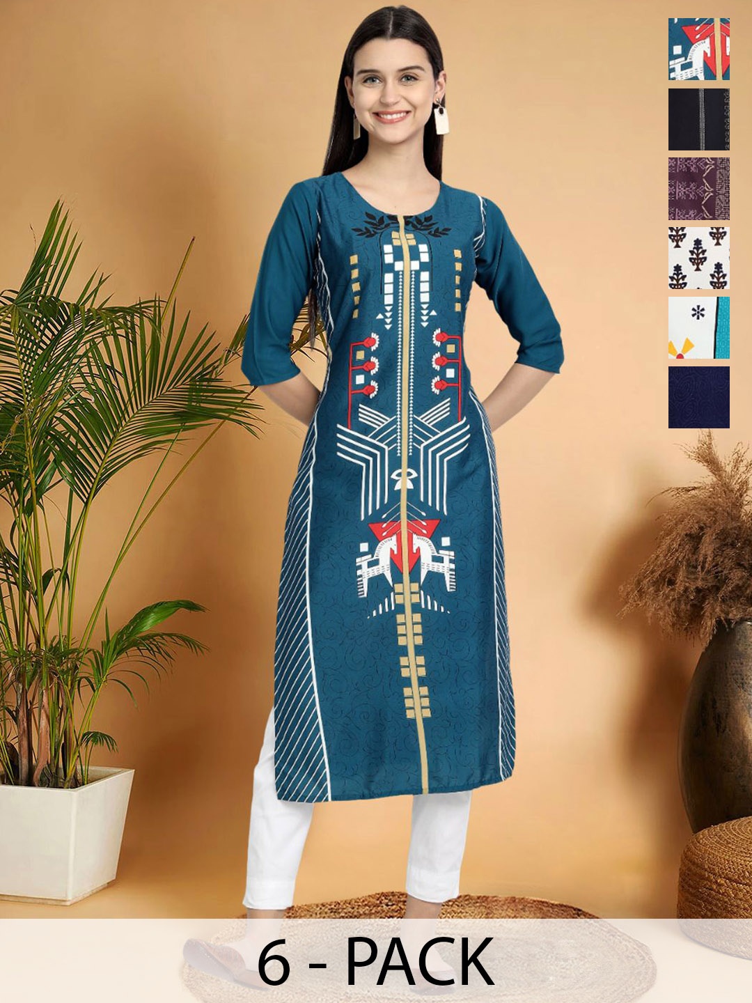 

7Threads Selection Of 6 Geometric Printed Round Neck Kurtas, Blue