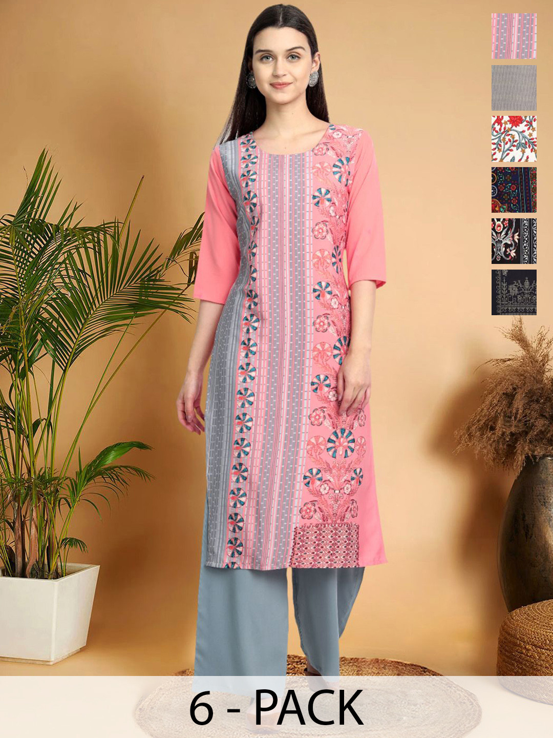

7Threads Selection Of 6 Floral Printed Round Neck Kurtas, Red