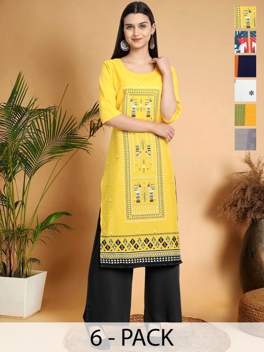 

7Threads Selection Of 6 Geometric Printed Round Neck Kurtas, Yellow