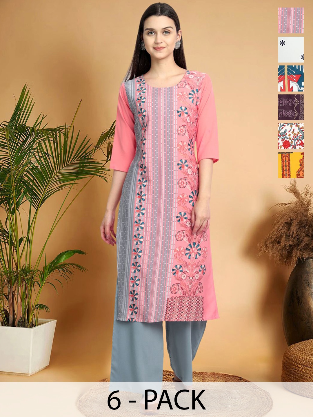 

7Threads Selection Of 6 Floral Printed Round Neck Kurtas, Pink