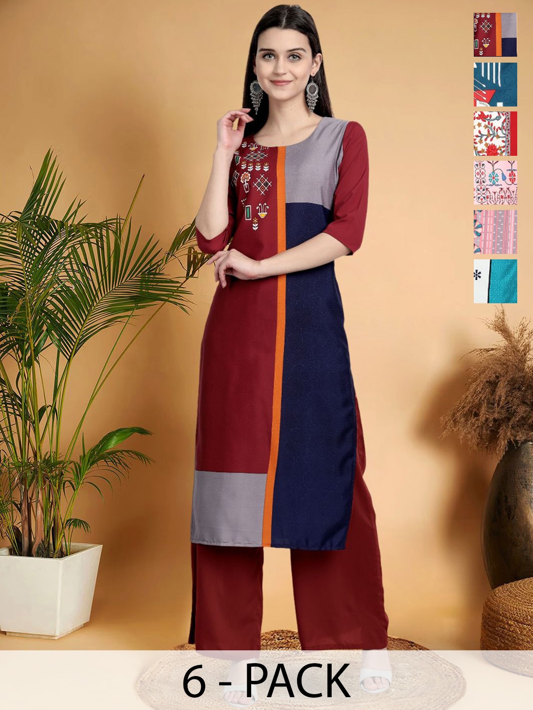 

7Threads Selection Of 6 Geometric Printed Round Neck Kurtas, Red