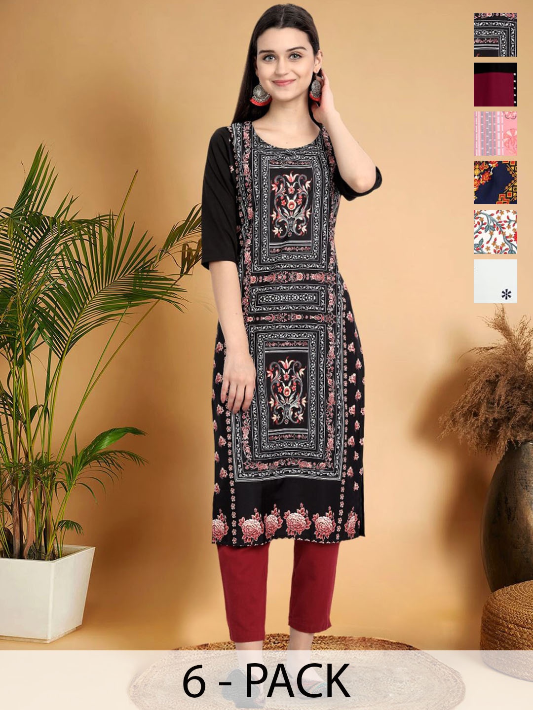 

7Threads Selection Of 6 Ethnic Motifs Printed Round Neck Straight Kurtas, Black