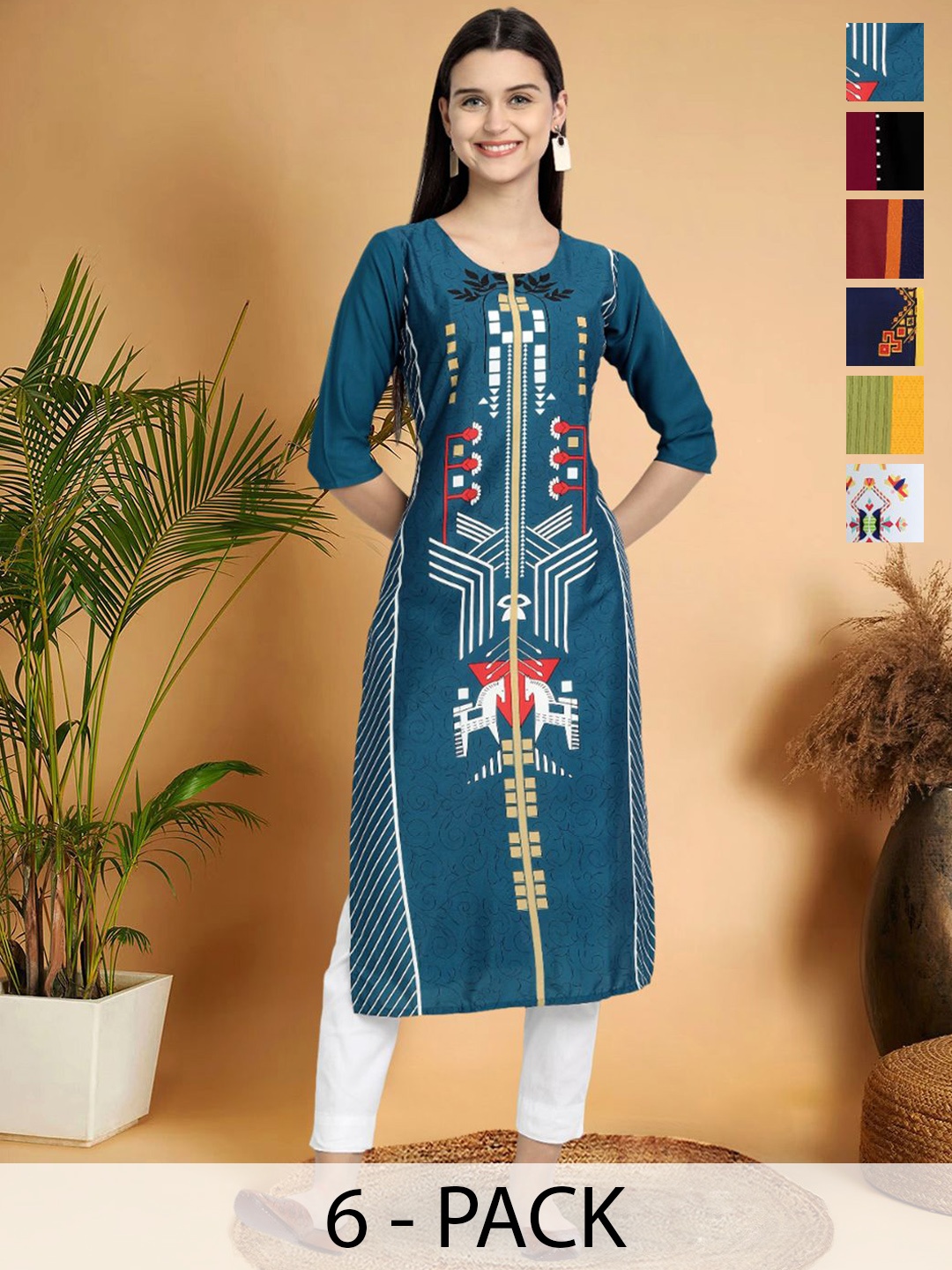 

7Threads Selection Of 6 Geometric Printed Round Neck Straight Kurtas, Blue