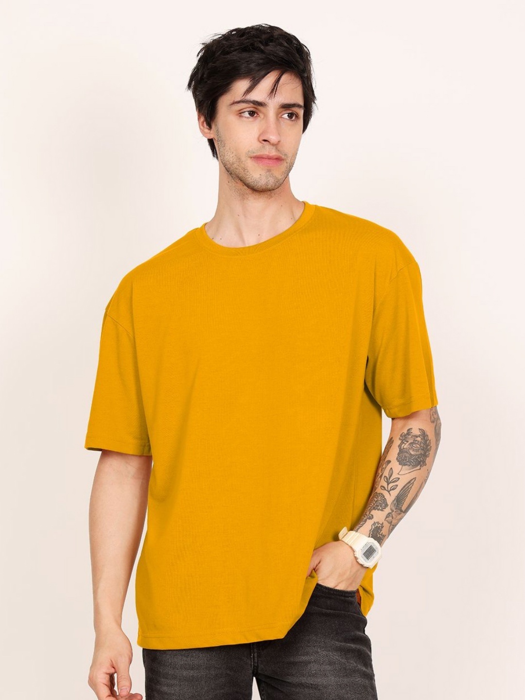 

Leotude Men Solid Round Neck Cotton Oversized T-shirt, Mustard