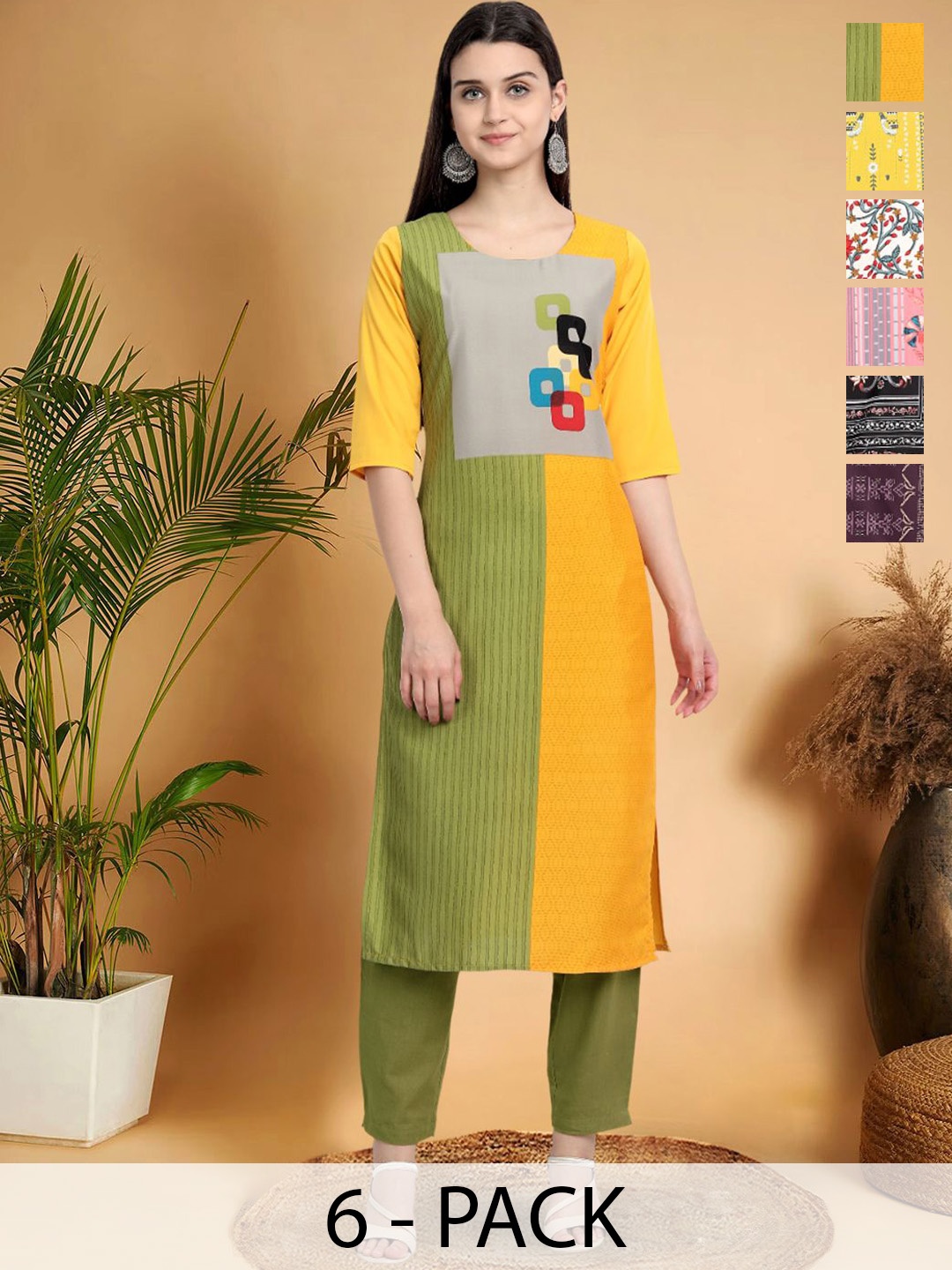 7Threads Selection Of 6 Geometric Printed Round Neck Straight Kurtas, Green