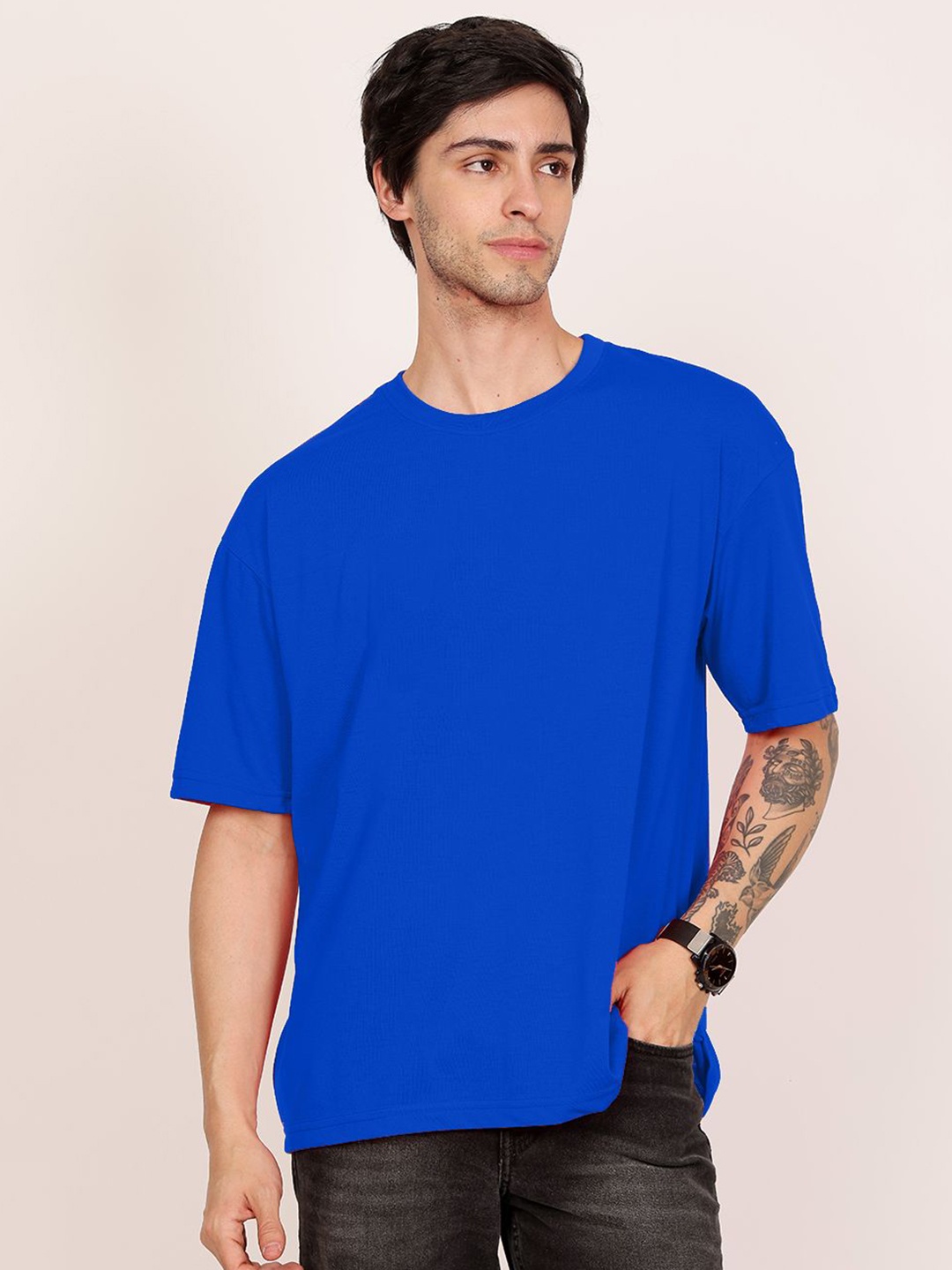 

Leotude Men Solid Round Neck Cotton Oversized T-shirt, Blue