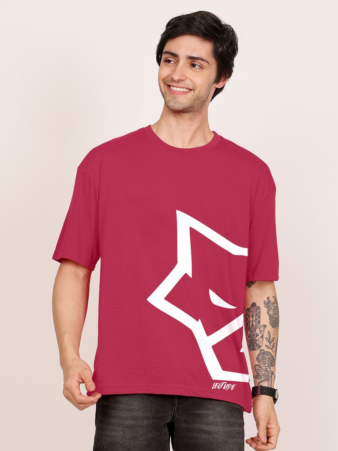 

Leotude Men Graphic Printed Round Neck Cotton Oversized T-shirt, Pink