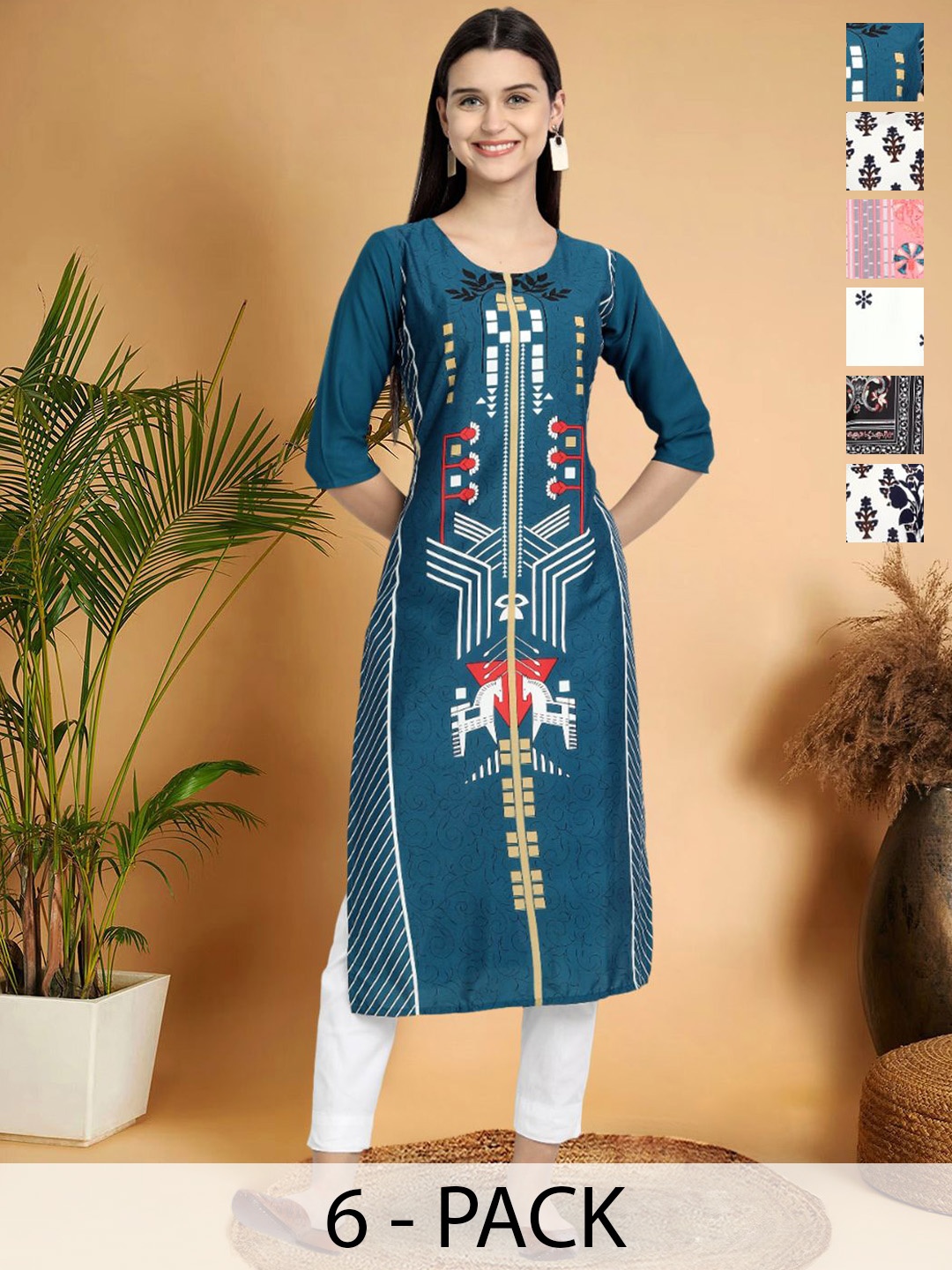 

7Threads Selection Of 6 Geometric Printed Round Neck Straight Kurtas, Blue