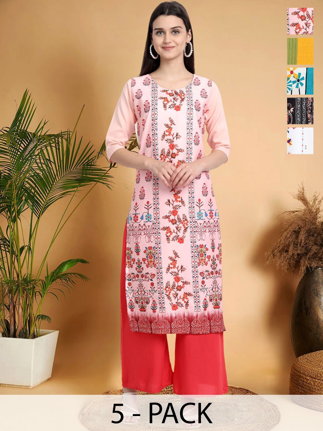 

7Threads Selection Of 5 Ethnic Motifs Printed Round Neck Straight Kurtas, Pink