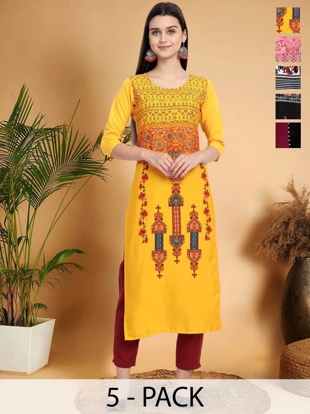 

7Threads Selection Of 5 Ethnic Motifs Printed Round Neck Straight Kurtas, Yellow