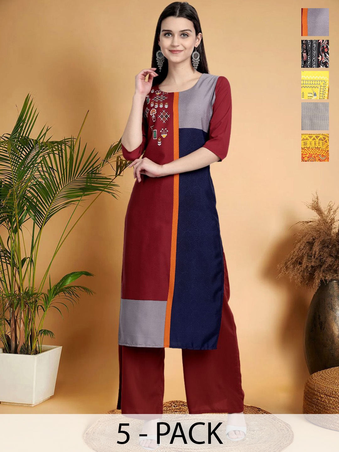 7Threads Selection Of 5 Colourblocked Printed Round Neck Straight Kurtas, Red