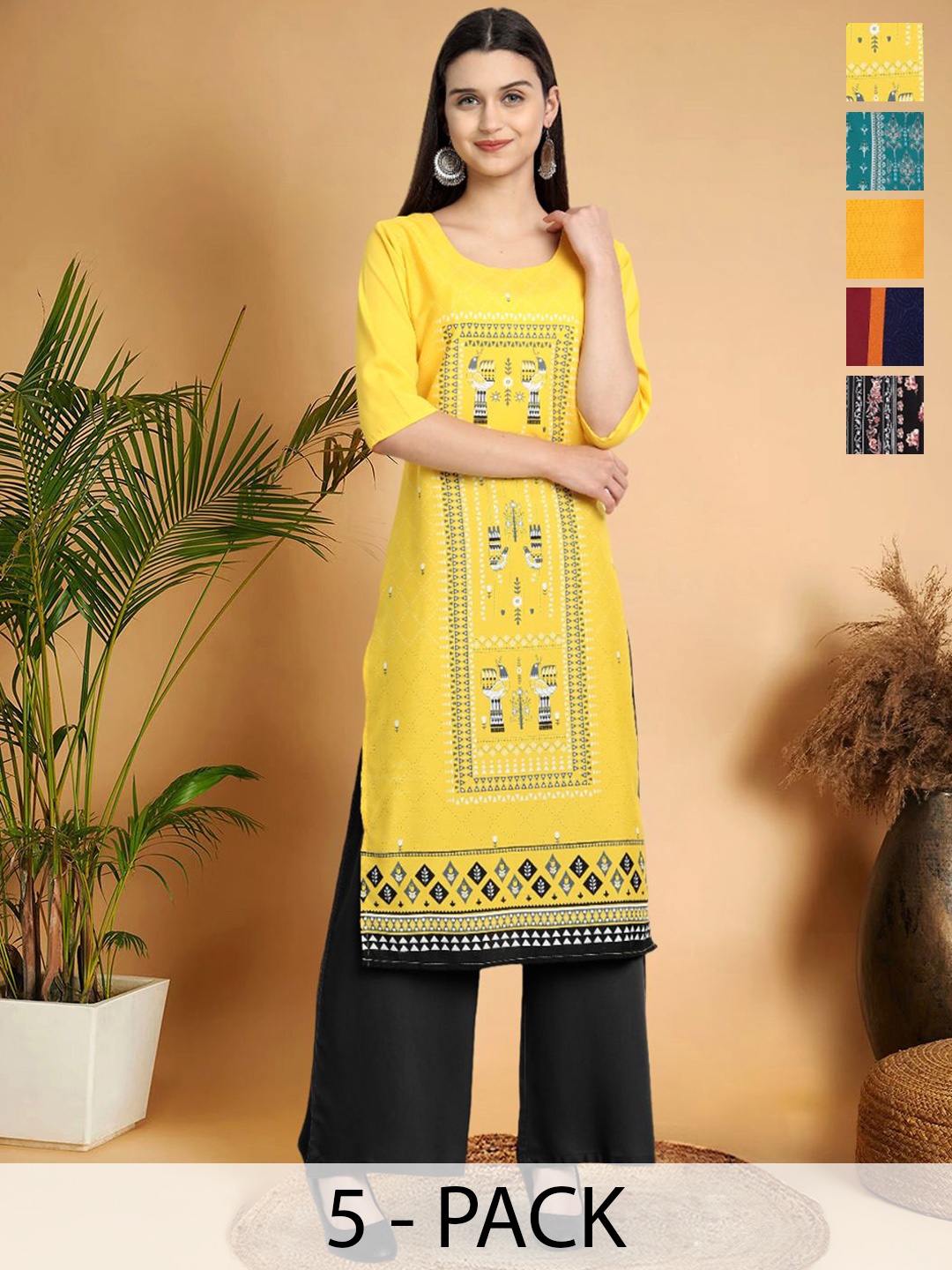 

7Threads Selection Of 5 Ethnic Motifs Printed Round Neck Straight Kurtas, Yellow
