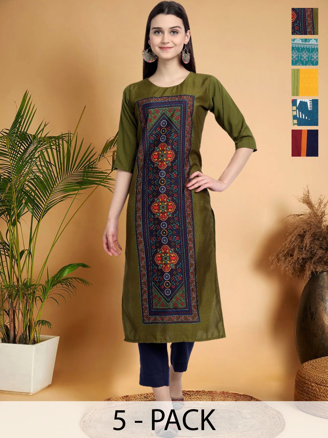 

7Threads Selection Of 5 Ethnic Motifs Printed Round Neck Straight Kurtas, Green