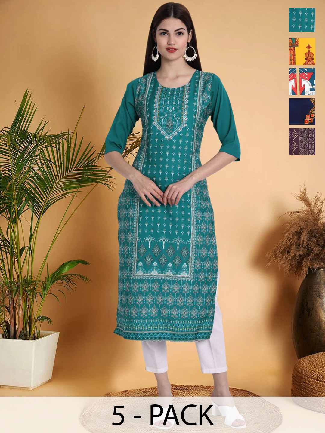 

7Threads Selection Of 5 Ethnic Motifs Printed Round Neck Straight Kurtas, Blue